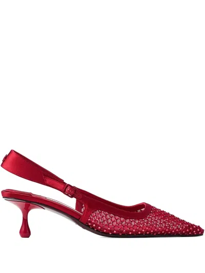 Jimmy Choo Amel 50 Crystal-embellished Mesh And Satin Slingback Pumps In Red
