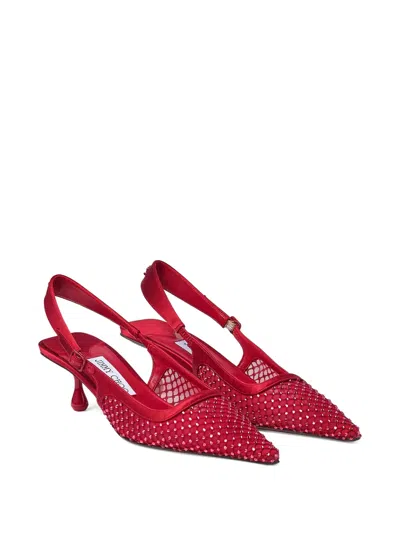 Jimmy Choo Amel 50 Crystal-embellished Mesh And Satin Slingback Pumps In Red