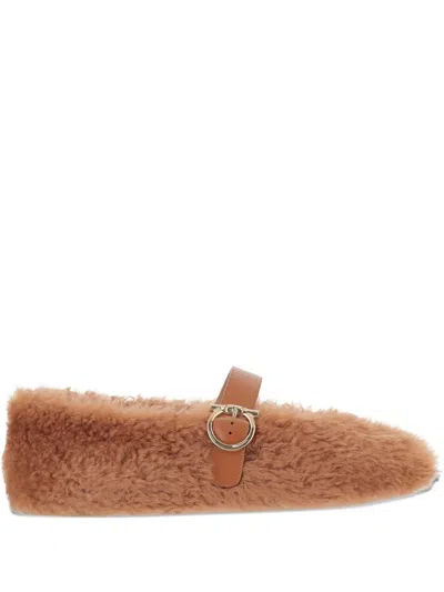 Ferragamo Ballerina Shoes With Buckle And Faux Fur In Brown