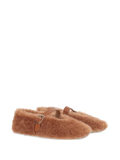 Ferragamo Ballerina Shoes With Buckle And Faux Fur In Brown