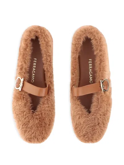 Ferragamo Ballerina Shoes With Buckle And Faux Fur In Brown