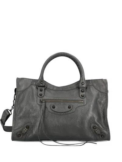 Balenciaga Le City Medium Crinkled Leather Top-handle Bag In Gray