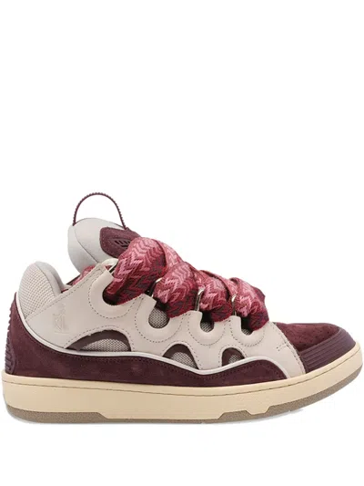 Lanvin Curb Leather And Fabric Sneakers In Beige And Burgundy In Red