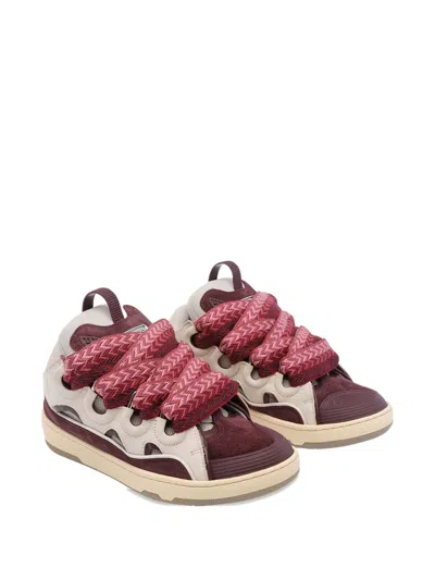 Lanvin Curb Leather And Fabric Sneakers In Beige And Burgundy In Red