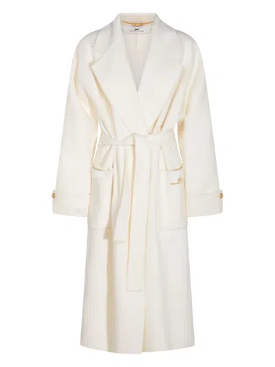 Elisabetta Franchi Long White Milk Wool Coat With Belt In Neutral
