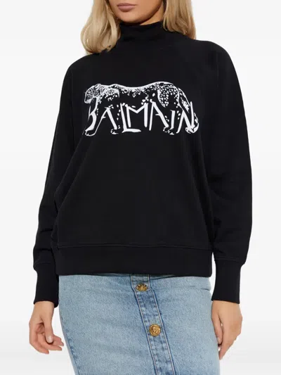 Balmain Leopard Print High-neck Sweatshirt In Black