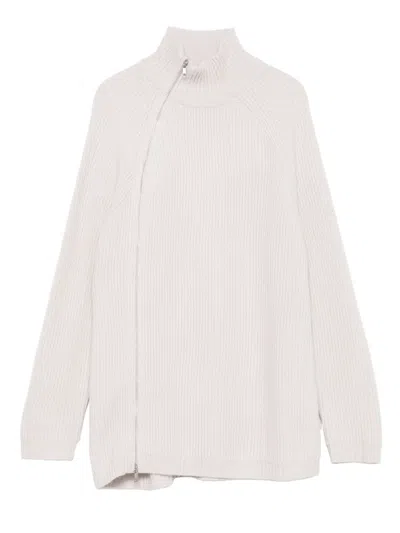Alpha Studio High Neck Asymmetrical Zip Sweater In Neutral