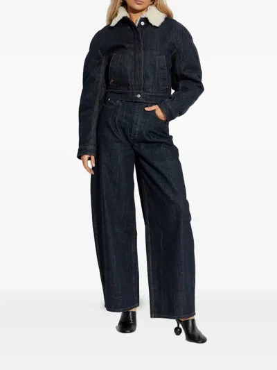 Jacquemus Le Bomber De-nimes Ovalo Blue Jacket With Fur Collar And Two Front Welt Pockets In Denim Woman In Blue