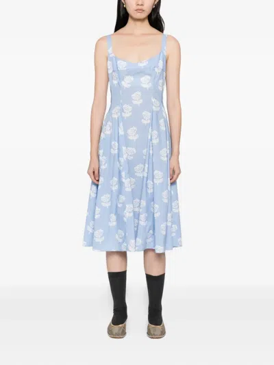 Marni Sprayed Roses-print Poplin Dress In Blue