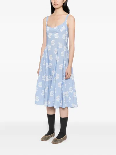 Marni Sprayed Roses-print Poplin Dress In Blue