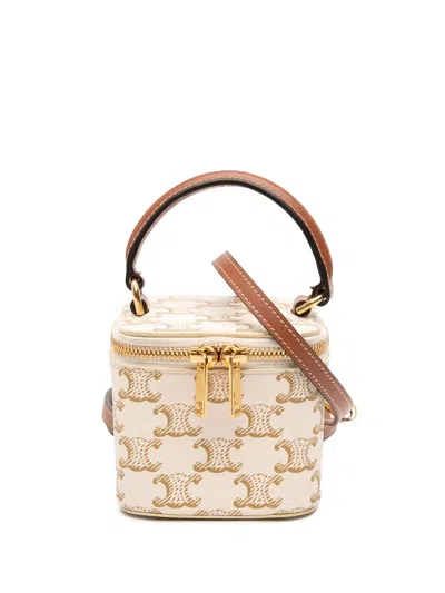 Pre-owned Celine 2023 Mini Triomphe Coated Canvas Vanity Case Satchel In White