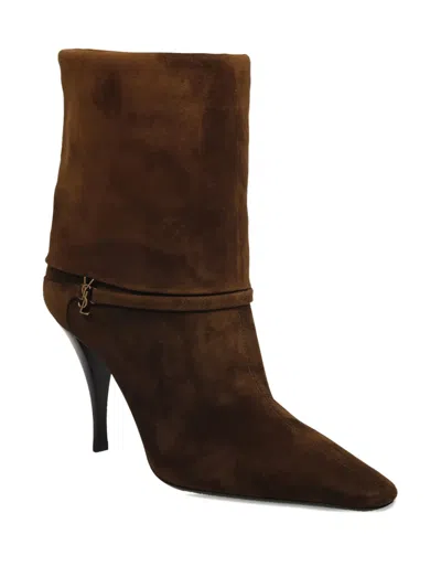 Saint Laurent Niki Suede Ysl Stiletto Ankle Booties In Brown