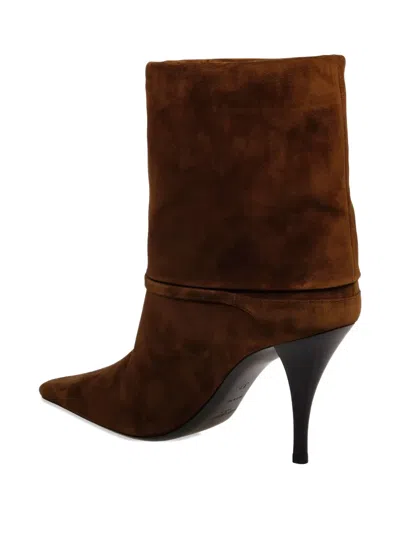Saint Laurent Niki Suede Ysl Stiletto Ankle Booties In Brown
