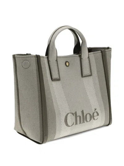 Chloé Carry Small Tote Bag In Dark Green Striped Canvas In Gray