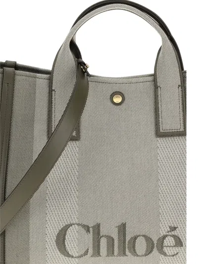 Chloé Carry Small Tote Bag In Dark Green Striped Canvas In Gray