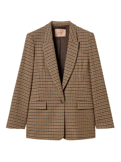 Twinset Beige Single-breasted Jacket With All-over Check Motif In Wool Blend Woman In Brown