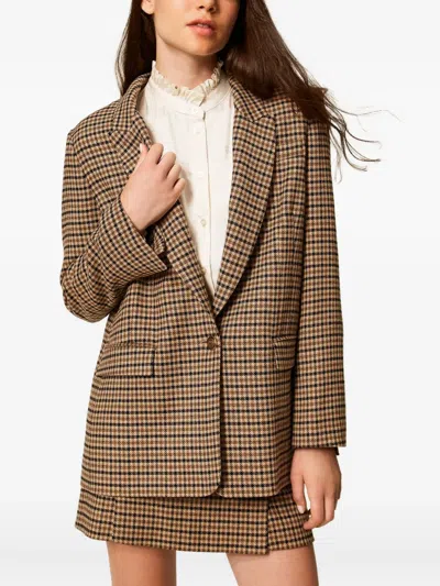 Twinset Beige Single-breasted Jacket With All-over Check Motif In Wool Blend Woman In Brown