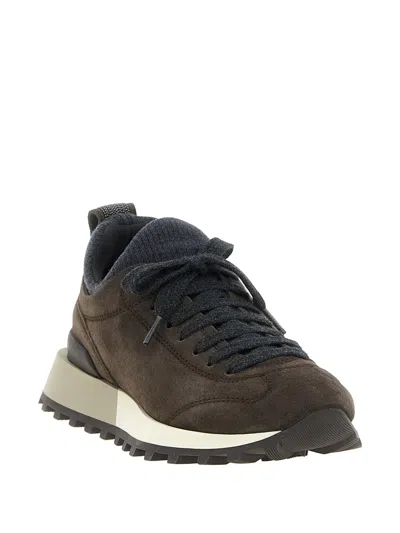 Brunello Cucinelli Suede Flannel Microsole Runner Sneakers With Monili Pull Tab In Brown