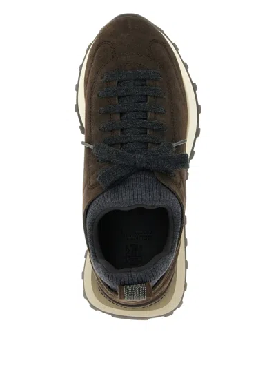 Brunello Cucinelli Suede Flannel Microsole Runner Sneakers With Monili Pull Tab In Brown