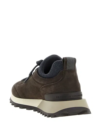 Brunello Cucinelli Suede Flannel Microsole Runner Sneakers With Monili Pull Tab In Brown