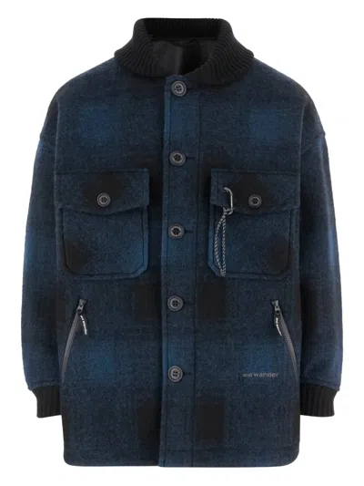 And Wander Checked Wool Blend Jacket In Blue