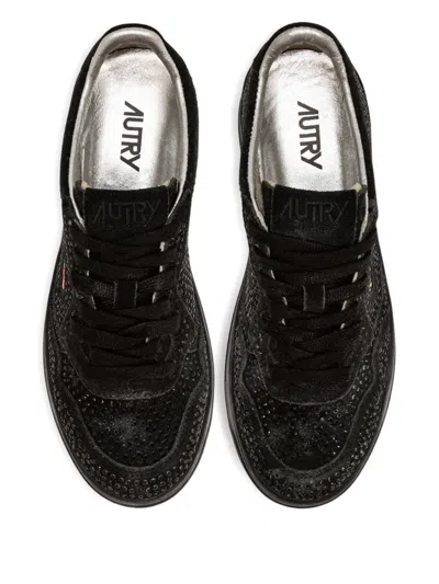 Autry Medalist Low Suede Trainers With Rhinestones In Black