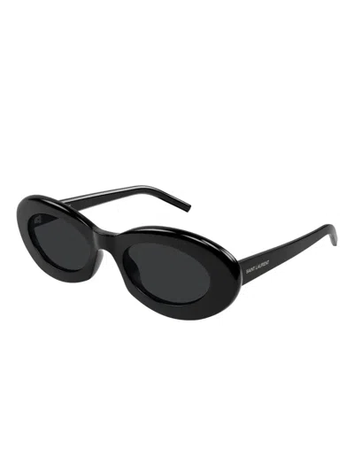 Saint Laurent Oval Frame Sunglasses Metal Hinges In Black