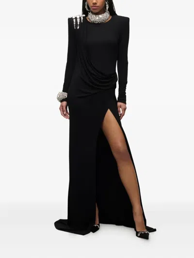 Area Crystal Draped Long-sleeve Gown In Black