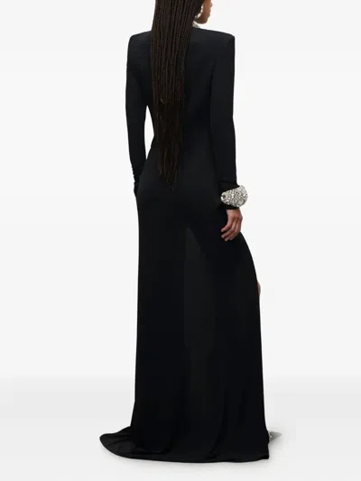 Area Crystal Draped Long-sleeve Gown In Black