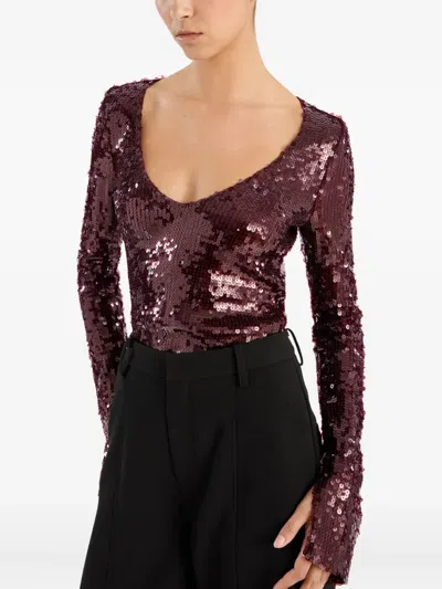 Rotate Birger Christensen Sequin-embellishment V-neck Top In Red