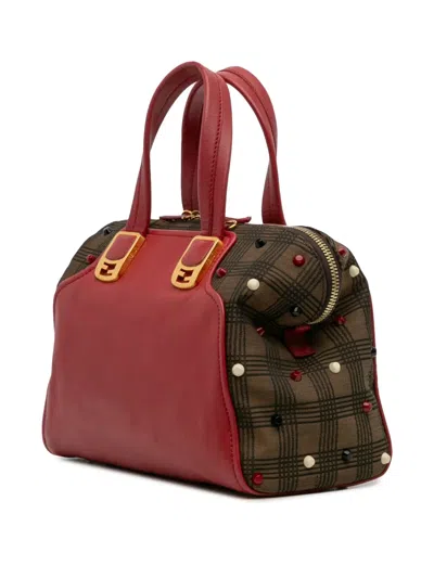 Pre-owned Fendi 2010-2025 Leather And Studded Canvas Colorblock Chameleon Satchel In Red