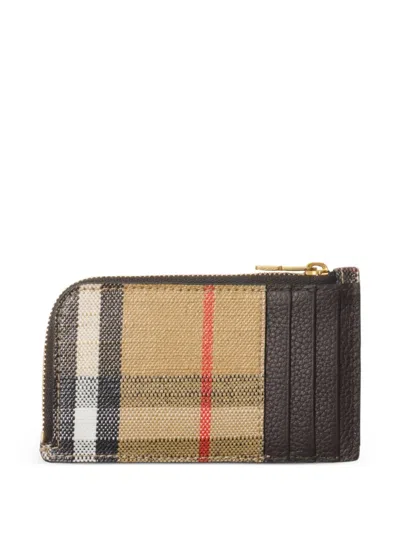 Burberry Check-pattern Zip Leather Card Holder In Neutral