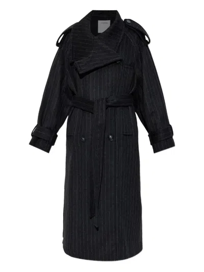 Sportmax Pinstripe-pattern Belted Coat In Black