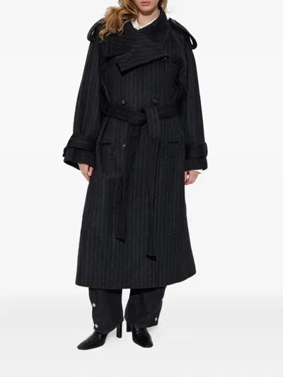 Sportmax Pinstripe-pattern Belted Coat In Black