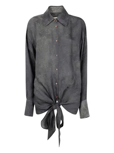 Uma Wang Long Sleeve Tie Front Patterned Top In Gray