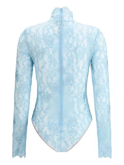 Valentino High Neck Long Sleeve Floral Lace Bodysuit In Blue