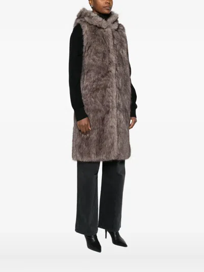 Betta Corradi Hooded Sleeveless Coat In Plush Faux Fur In Brown