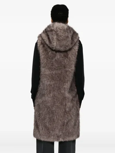 Betta Corradi Hooded Sleeveless Coat In Plush Faux Fur In Brown