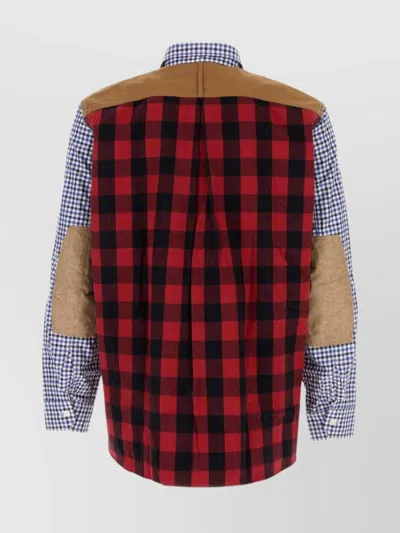 Junya Watanabe Cotton Shirt With Dual Pattern And Elbow Patches In Blue