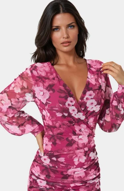 Bebe Long Sleeve Ruched Faux Wrap Minidress In Pink