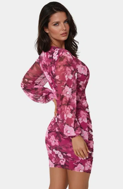 Bebe Long Sleeve Ruched Faux Wrap Minidress In Pink