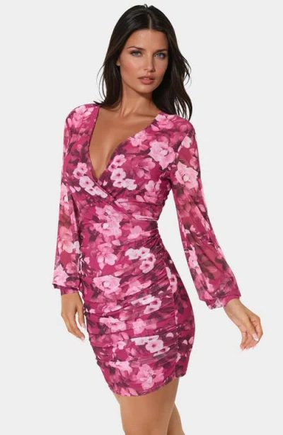 Bebe Long Sleeve Ruched Faux Wrap Minidress In Pink