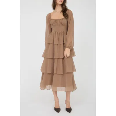 Blu Pepper Long Sleeve Tiered Metallic Chiffon Midi Dress In Brown