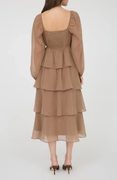 Blu Pepper Long Sleeve Tiered Metallic Chiffon Midi Dress In Brown