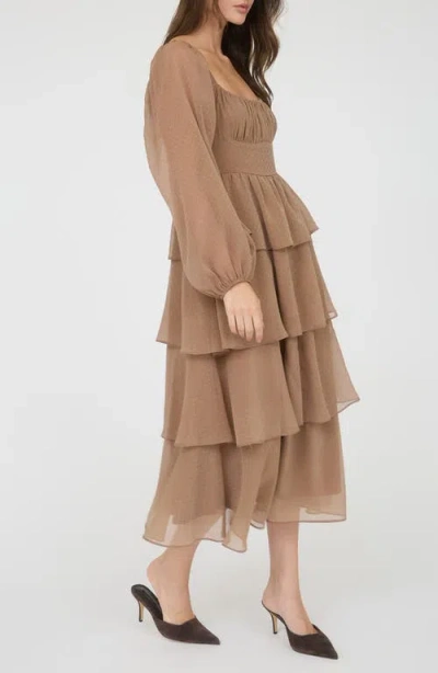 Blu Pepper Long Sleeve Tiered Metallic Chiffon Midi Dress In Brown