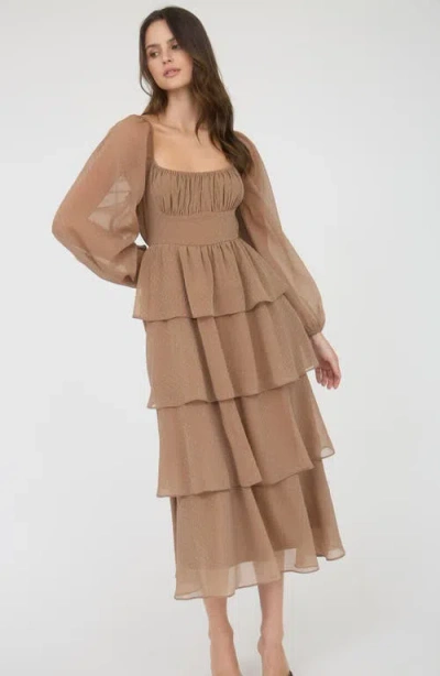 Blu Pepper Long Sleeve Tiered Metallic Chiffon Midi Dress In Brown