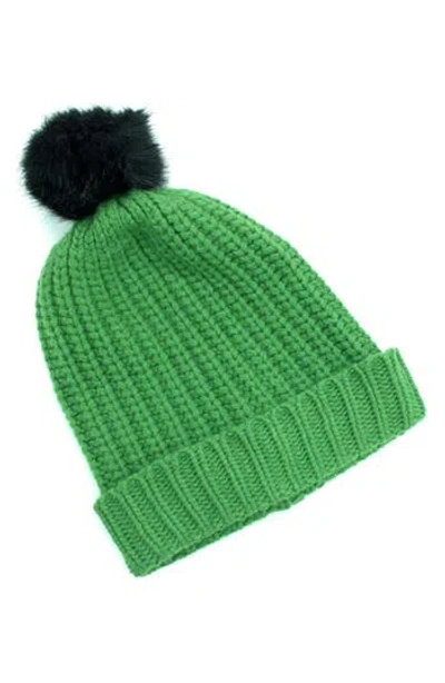 Portolano Chunky Wool Blend Beanie With Faux Fur Pompom In Green