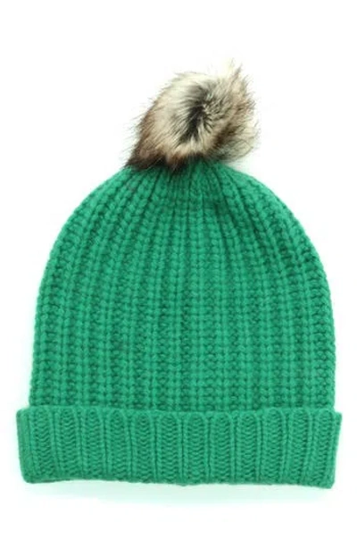 Portolano Chunky Wool Blend Beanie With Faux Fur Pompom In Green