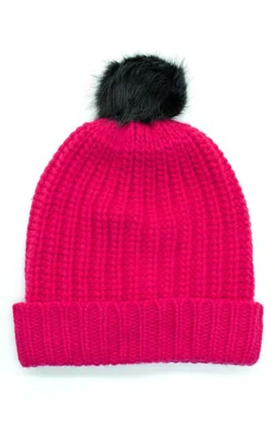Portolano Chunky Wool Blend Beanie With Faux Fur Pompom In Pink