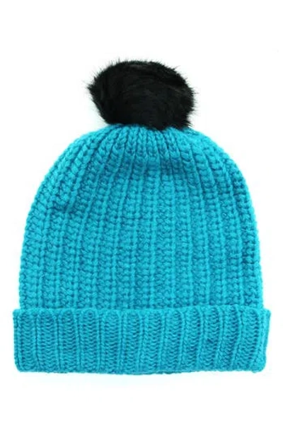 Portolano Chunky Wool Blend Beanie With Faux Fur Pompom In Blue